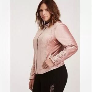 Torrid Pink Velvet Moto Jacket with Lattice Tie Sleeves Size 2